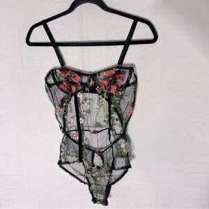 Shein Sheer Black Floral Embroidered Bodysuit S